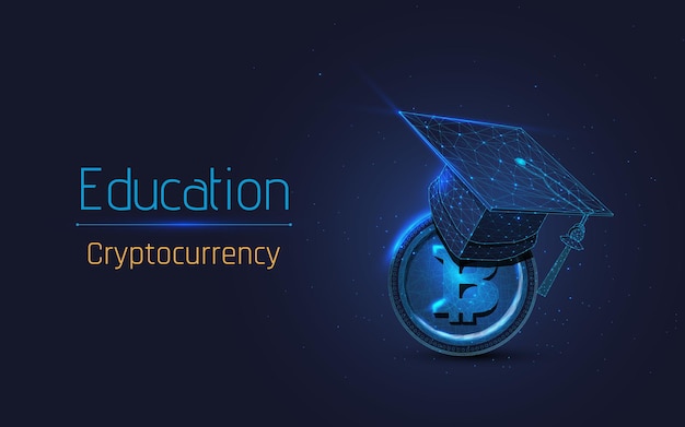 graduation cap and bitcoin coin learning concept