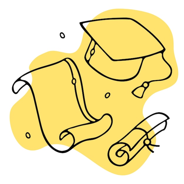 Graduation Cap and diploma Outline Doodle on yellow background Premium Vector