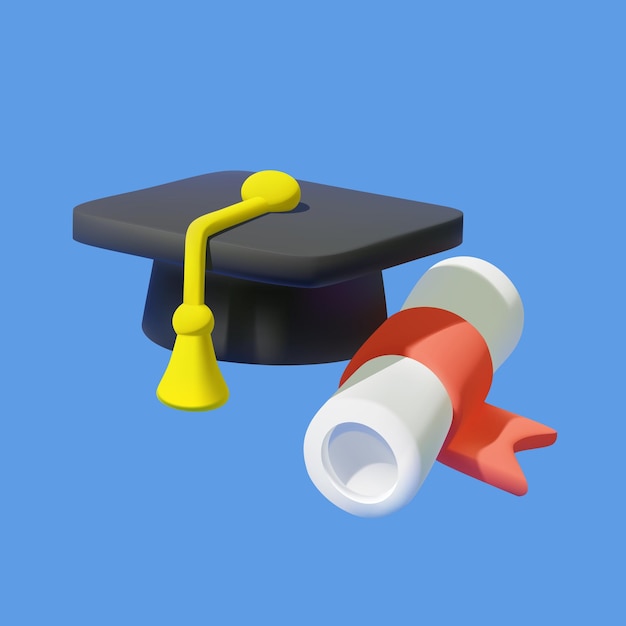 Graduation cap and diploma scroll 3D vector icon isolated on blue background