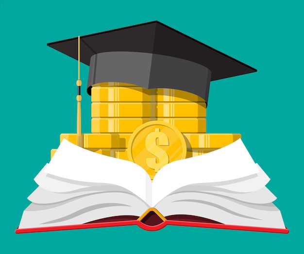 Tappo di laurea, libro aperto e moneta d'oro. risparmio di istruzione e concetto di investimento. conoscenza accademica e scolastica.