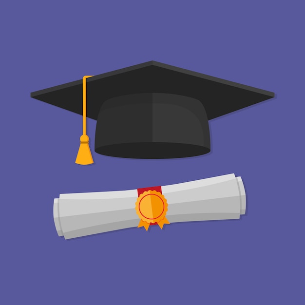 Cappello di laurea e diploma arrotolato. stile piatto