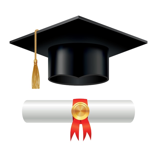 卒業式の帽子とスタンプ付きの巻物の卒業証書