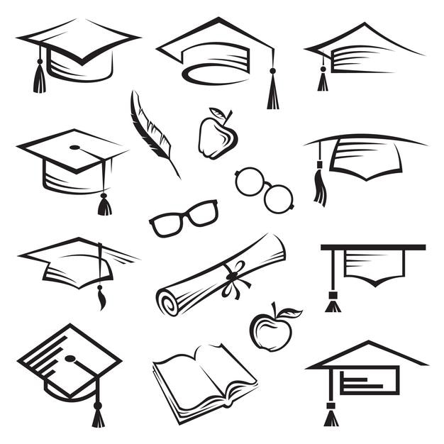 Vector graduation caps and other educational icons