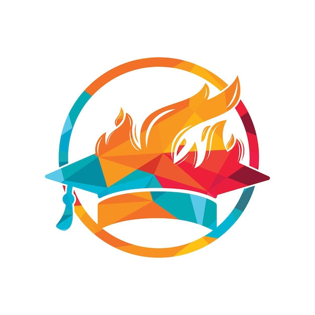 Graduation caps with fire icon vector logo design