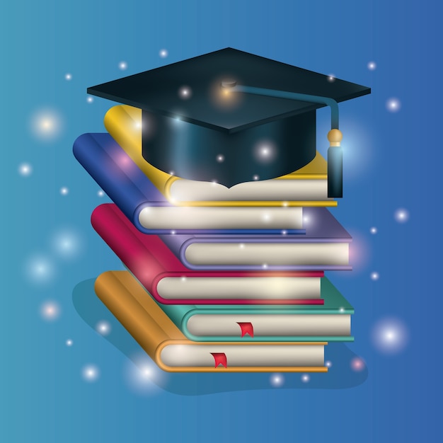 graduation card with hat and pile books
