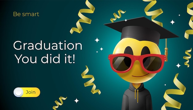 Graduation cartoon emoji wearing sunglasses and a graduation cap with party serpentine vector image