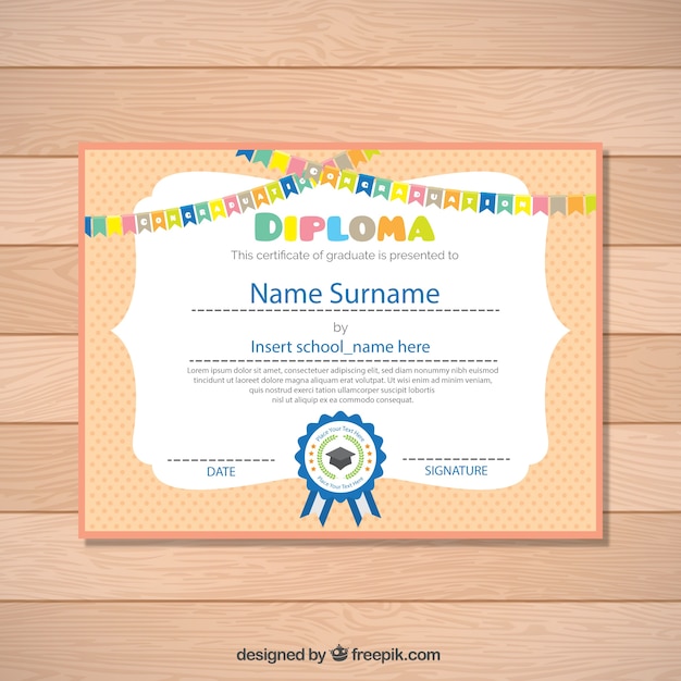 Graduation certificate for kids with colorful garlands