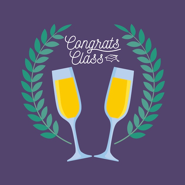 Vector graduation class celebration card with cups of champagne