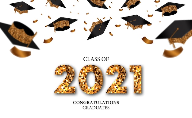 Vector graduation class of  luxury banner concept with glitter text and falling graduate cap and golden confetti party with white background