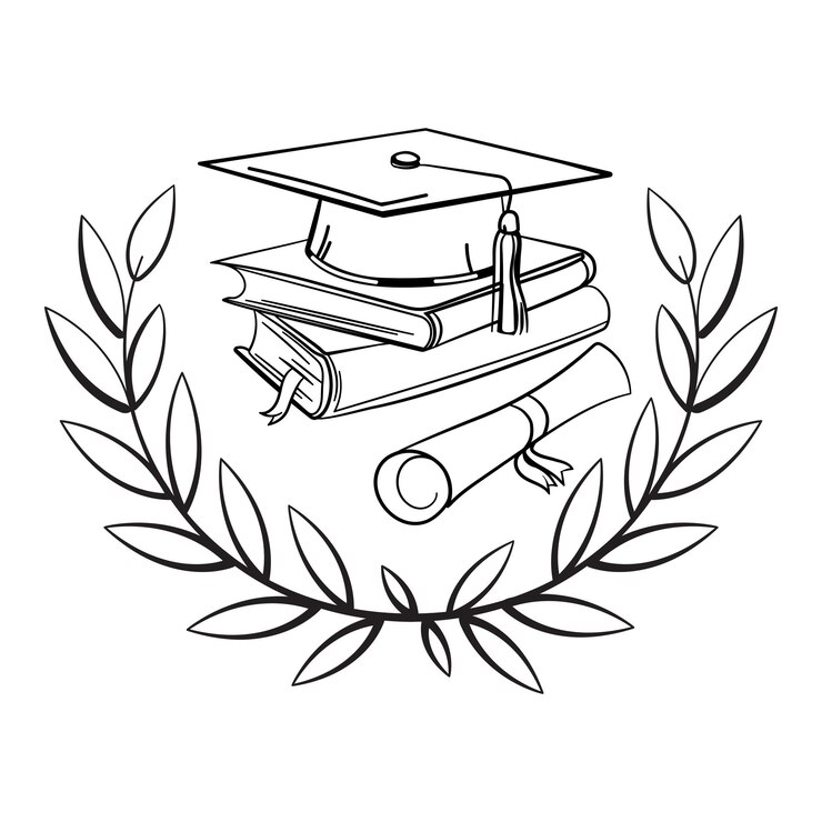 Vector graduation concept line art graduation cap books diploma and laurel wreath vector illustration