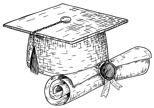 卒業式 卒業式の帽子と学位 卒業式 の帽子と卒業証書のスケッチ 孤立した