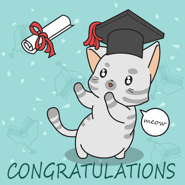 Graduation cute cat in cartoon style.