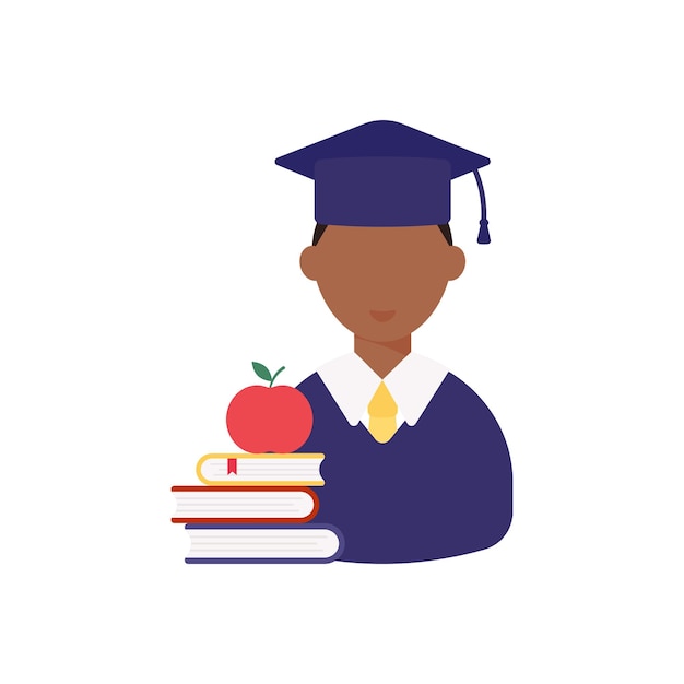 Graduation day smiling student books and an appleflat style african male vector illustration