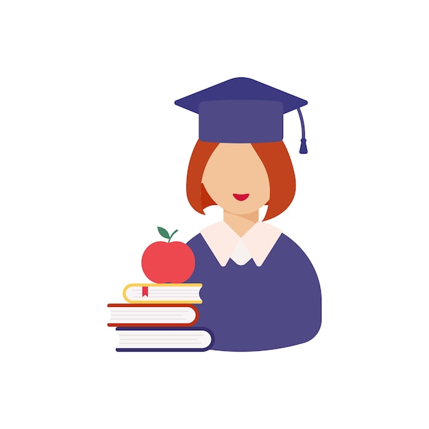 Graduation day Smiling student Books and an appleFlat style female Vector illustration