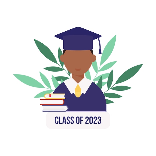 Graduation day Smiling student and books Lettering class of 2023 Flat style African male Vector illustration