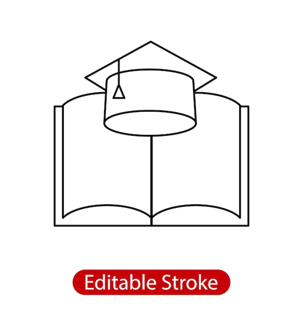 卒業の帽子と本の線のアウトライン記号線形スタイルのピクトグラム教育シンボル ロゴ