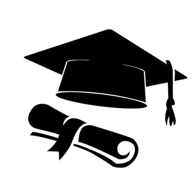 Vector graduation hat and diploma silhouette isolated on white background