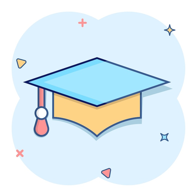 Graduation hat icon in comic style Student cap cartoon vector illustration on white isolated background University splash effect business concept