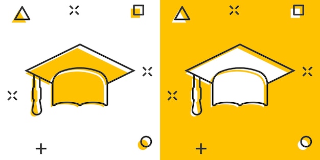 Иконка выпускной шляпы в комическом стиле студенческая шапка мультяшный вектор иллюстрация на белом изолированном фоне бизнес-концепция эффекта всплеска университета