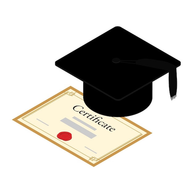 Vettore cappello di graduazione mortarboard e certificato di diploma isolato su sfondo bianco concetto di istruzione vista isometrica vettoriale