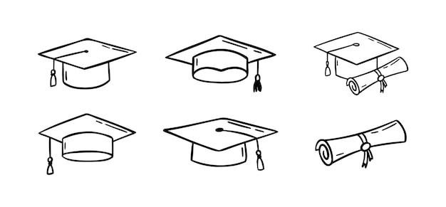 graduation hat set hand drawn doodle graduation hats sketch line education college student success
