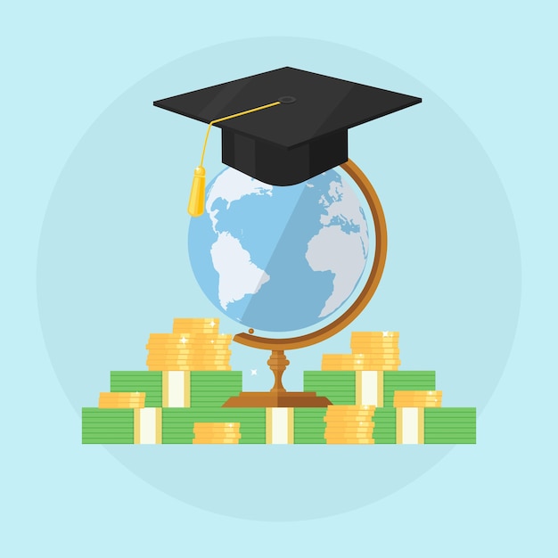 Vector graduation hat with stack of money and globe.