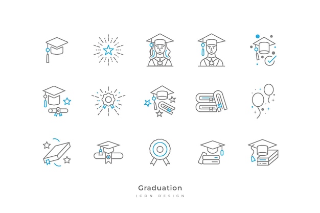 Vector graduation icon collection with simple and minimalist line style contains graduation cap toga scroll certificate book medal and more