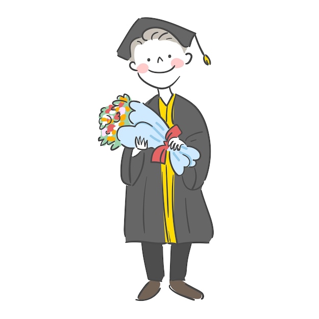 Graduation illustration of a man dressed for graduation with a bouquet of flowers