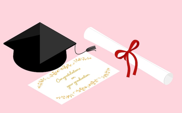 Vettore messaggio di congratulazioni per l'immagine di laurea e diploma e cappello isometrici
