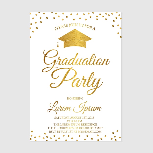 Modello di biglietto d'invito per la festa di laurea invito a una festa di laurea con pois glitter oro annuncio per la celebrazione della laurea illustrazione vettoriale