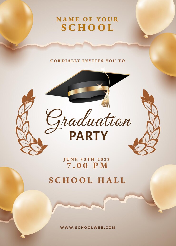 Vector graduation party invitation card template with balloon and mortarboard