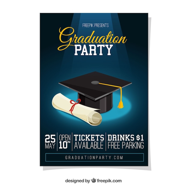 Graduation party poster with diploma and graduation cap