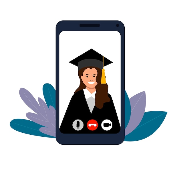 白い背景の上の大学院マントル電話ビデオ リンク女性ベクトルの卒業スクエア キャップ