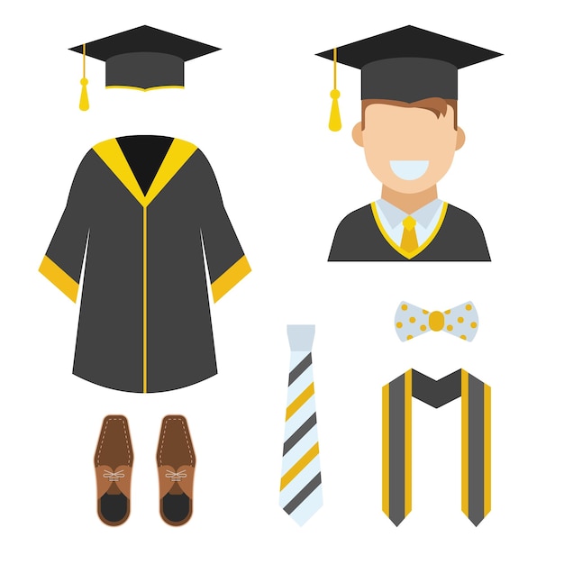 Vector graduation student gown and clothing elements
