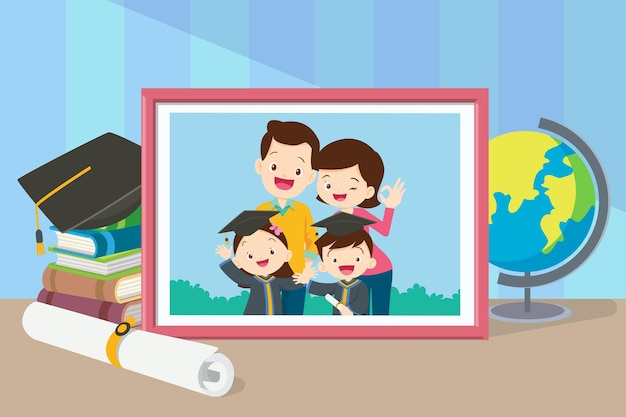 Graduation student and Happy family photo frame with capdiploma