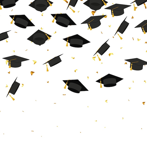 現実的な飛行黒学位キャップ紙吹雪風船と卒業証書ベクトル画像学校と大学教育バナー白地にゴールドのキラキラと卒業透明な背景