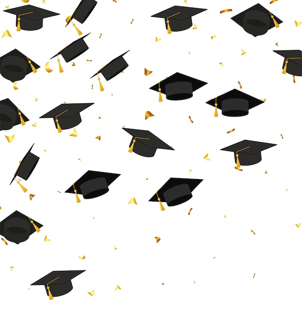 graduation transparent background with realistic flying black degree caps confetti balloons and diplomas vector image school and university education banner with gold glitter on white background