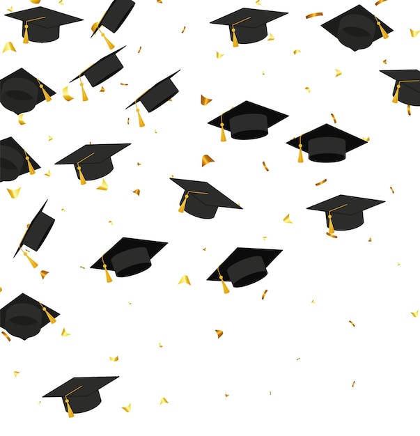 Graduation Transparent background with realistic flying black degree caps confetti balloons and diplomas Vector image school and university education banner with gold glitter on white background