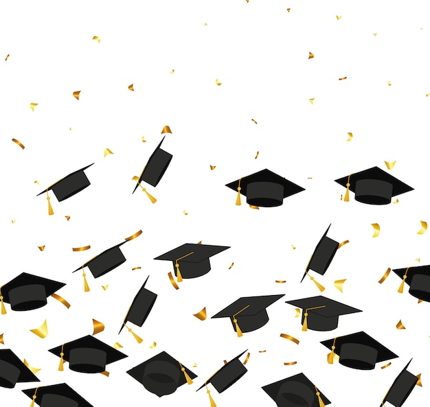 Graduation transparent background with realistic flying black degree caps confetti balloons and diplomas vector image school and university education banner with gold glitter on white background