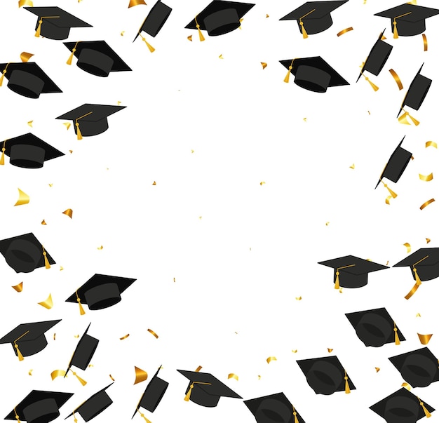 Graduation transparent background with realistic flying black degree caps confetti balloons and diplomas vector image school and university education banner with gold glitter on white background