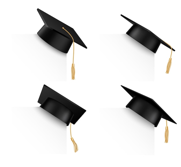 graduation university cap set on white corner background