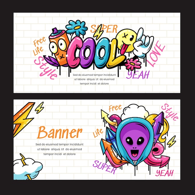 Vector graffiti-banners in handgetekend ontwerp