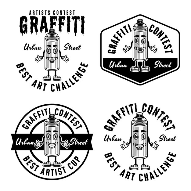 Graffiti contest set of vector monochrome emblems badges labels or logos with spray paint can smiling character isolated on white background