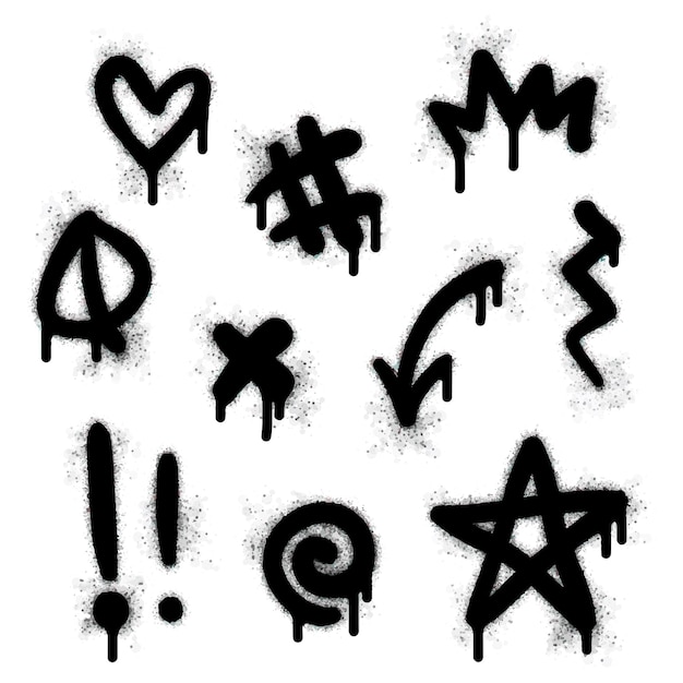 Graffiti drawing symbols set painted graffiti spray pattern of question mark arrow crown star fence