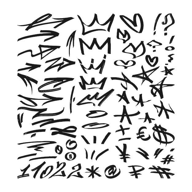 Vector graffiti elements set marker arrows crown heart and stars