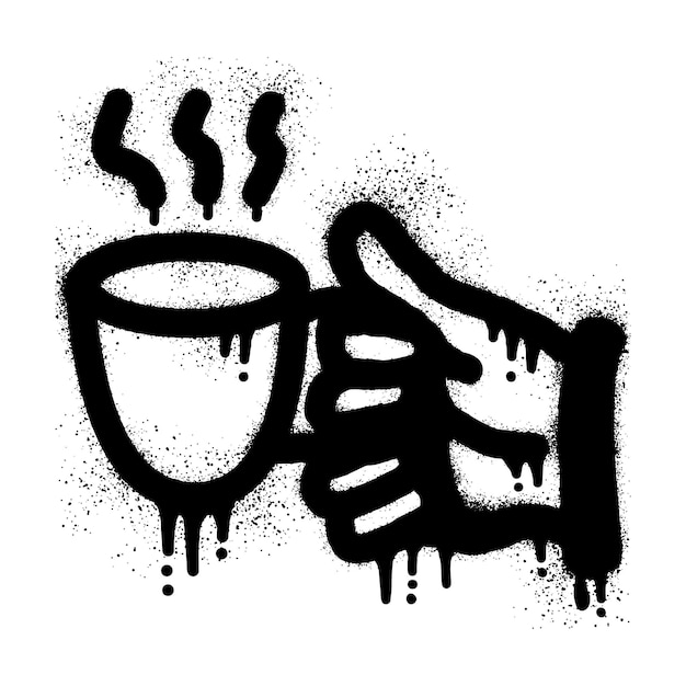 Graffiti of a hand holding coffee cup with black spray paint