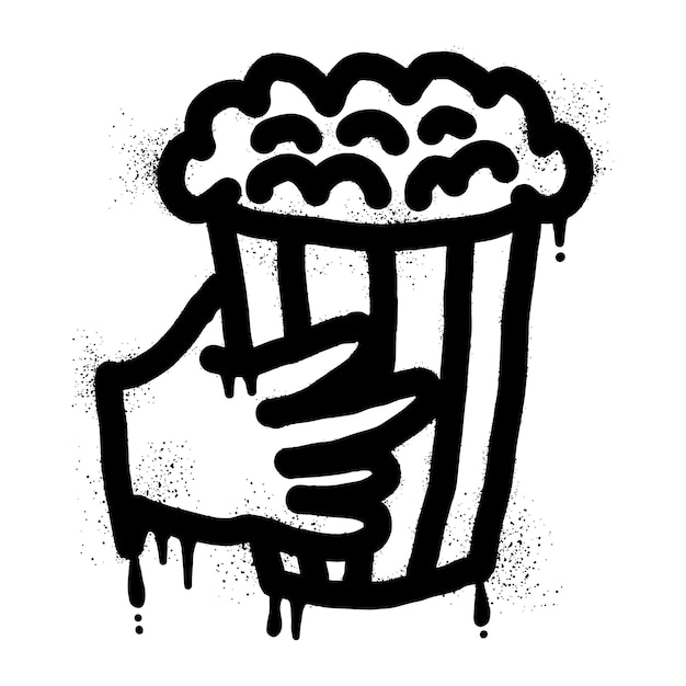 Vector graffiti of a hand holding popcorn drawn with black spray paint