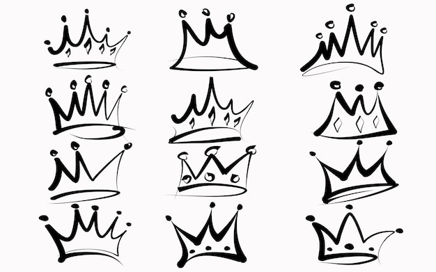 落書きアイコン クラウン ベクトル、手描きの様々 な王冠セット、ベクトル イラスト ペイント スプレー落書き