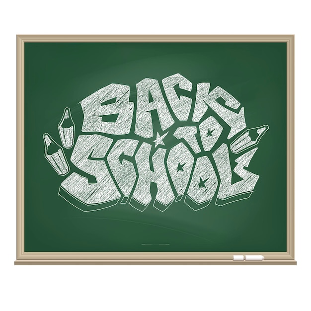 Vector graffiti logo back to school drawn by a white chalk on the educational green board