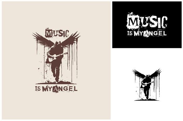 Vector graffiti muurschildering gevleugelde hoodie man loopt gitaar spelen rustic angel wings punk grunge music logo
